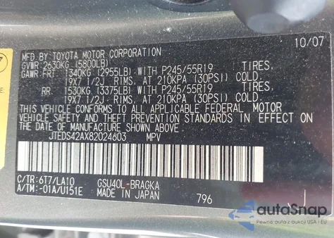 2008 Toyota Highlander Limited из США, поврежденный, VIN JTEDS42AX82024603